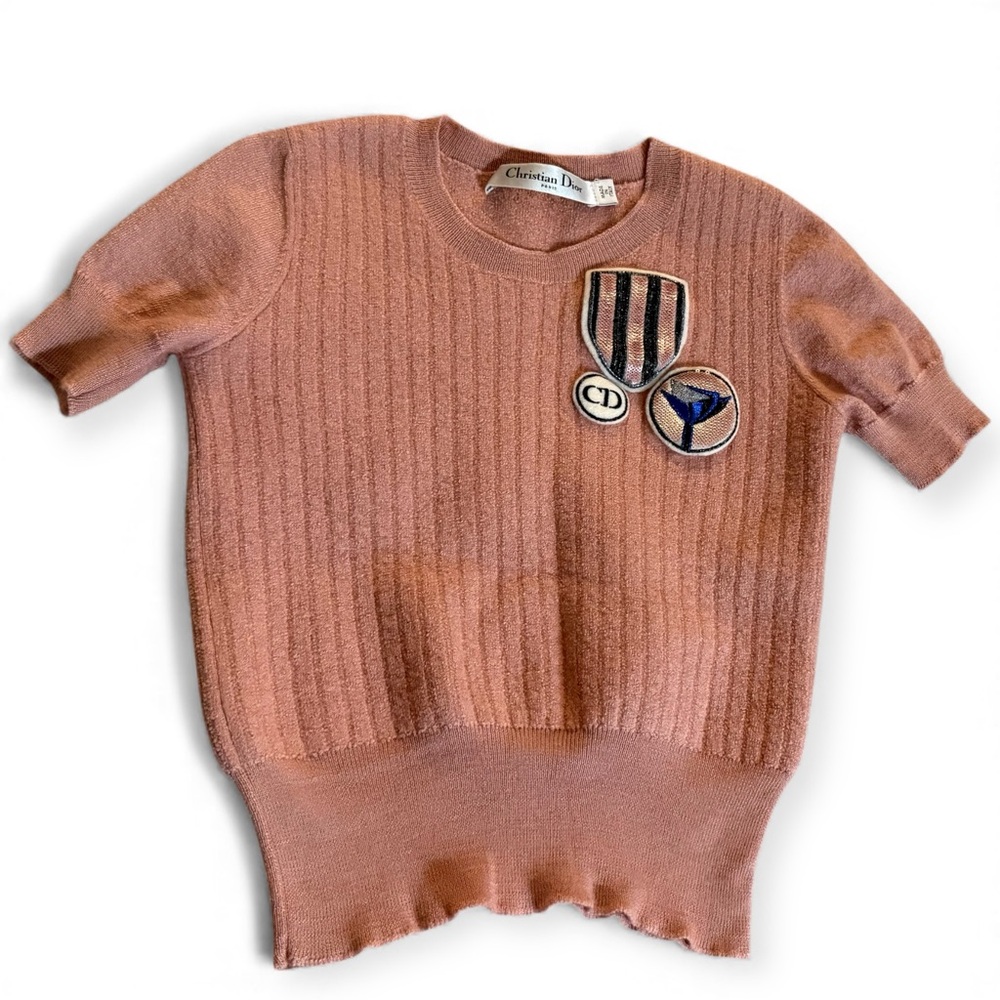 Christian Dior Blush Pink Ribbed Knit Sweater Embroidered Patches Short Sleeve